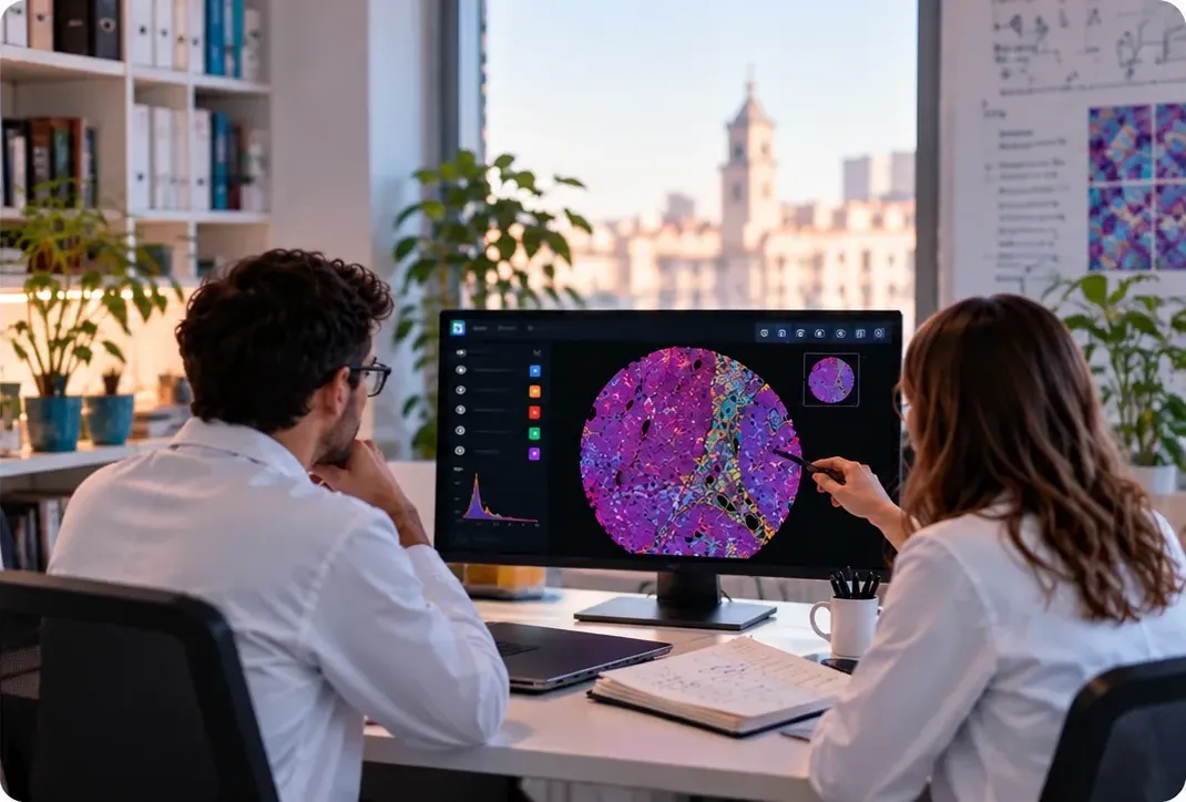 Two researchers discuss a multiplex tissue core in Decode.