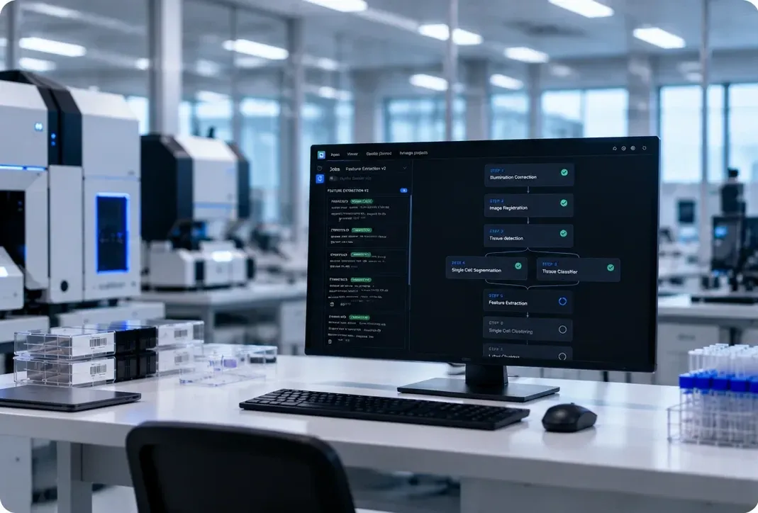A Decode analysis pipeline running step by step on a monitor in an imaging facility.